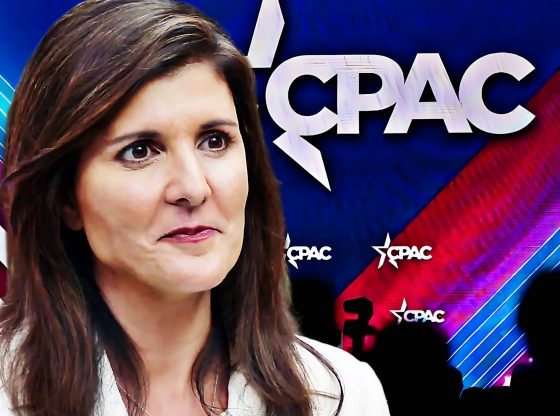 Photo edit of Nikki Haley and the CPAC stage. Credit: Alexander J. Williams III/Popacta.