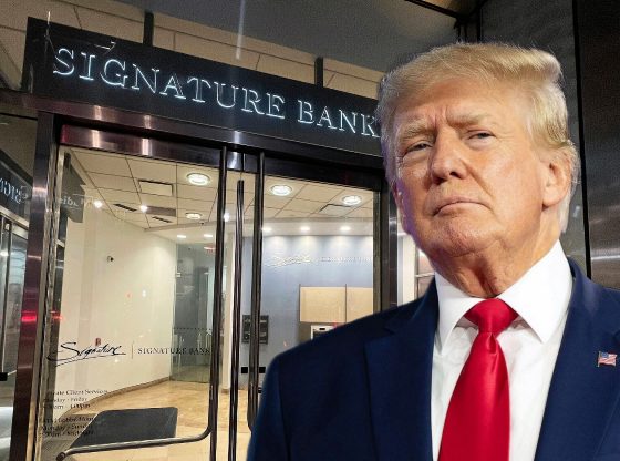 Photo edit of Donald Trump and Signature Bank. Credit: Alexander J. Williams III/Popacta.
