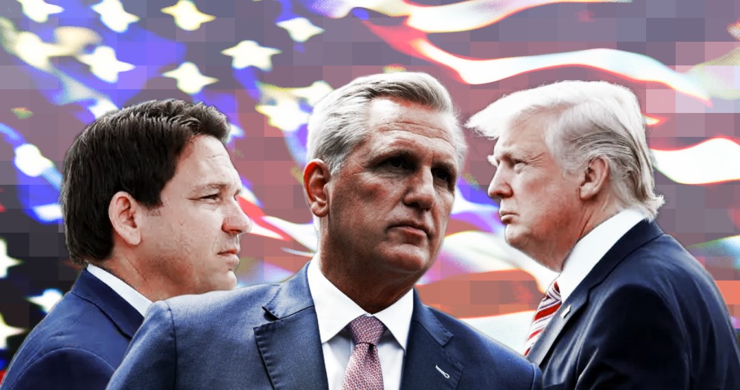 Photo edit of former President Donald Trump, Speaker of the House Rep. Kevin McCarthy, and Florida Governor Ron DeSantis. Credit: Alexander J. Williams III/Pop Acta.